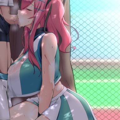 1boy, azur lane, bangs, between legs, black boxer briefs, blush, boxer briefs, breasts, bremerton (azur lane), bremerton (scorching-hot training) (azur lane), censored, chain-link fence, cleavage, closed eyes, commentary request