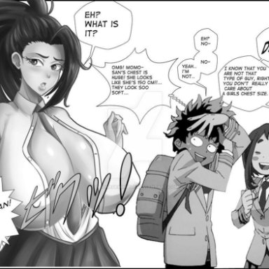 breast expansion, huge breasts, izuku midoriya, momo yaoyorozu, my hero academia, ochako uraraka, speech bubble, third-party edit, toonegeminielf