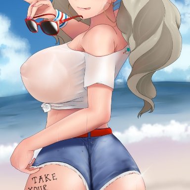 ann takamaki, ass, atlus, blonde hair, blue eyes, breasts, daisy dukes, huge breasts, looking back, nipples, otohukebonne, persona, persona 5, see-through, see-through clothing