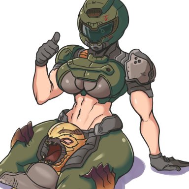 1girls, abs, armor, asphyxiation, breasts, clothed, demon, doom, doomgal, doomguy, interspecies, konaloid, midriff, muscular female, rule 63