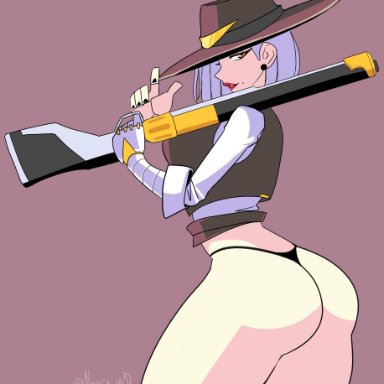 1girls, ashe (overwatch), beauty mark, black nails, black thong, breasts, cowboy hat, cowboy shot, cybernetics, dat ass, earrings, female, female only, gun, hat