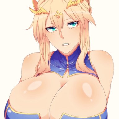 artoria pendragon (all), artoria pendragon (lancer), big breasts, blonde hair, bust, camui kamui, cleavage, fate (series), fate/grand order, female, female only, green eyes, huge breasts, long breasts, long hair