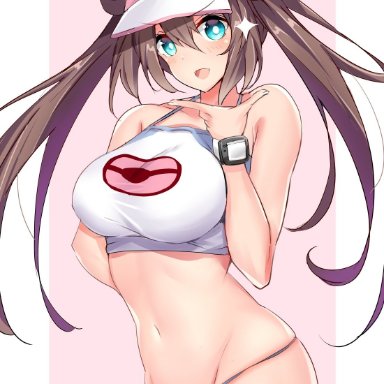 big breasts, blue eyes, brown hair, female, female only, hair bun, human, long hair, pokemon, pokemon bw2, rosa (pokemon), sankakusiro, smile, solo, solo female