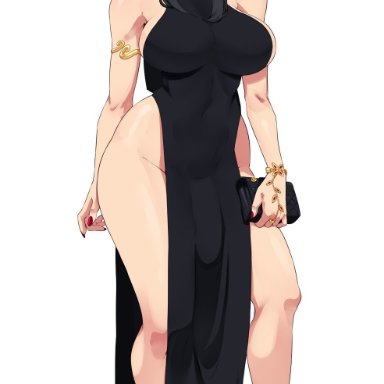 black dress, choker, elf, futanari, illboxart, long legs, red lipstick, wide hips