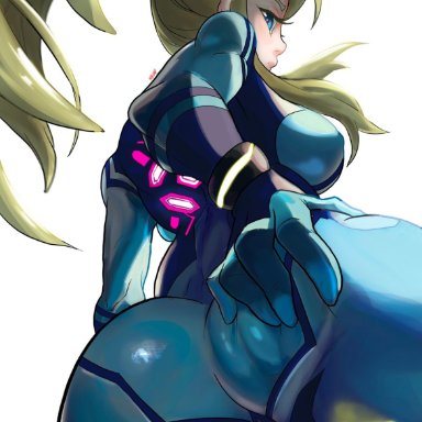 big ass, big breasts, blonde hair, bodysuit, female, female only, high heels, long hair, metroid, nipples, nipples visible through clothing, noblood, ponytail, samus aran, solo