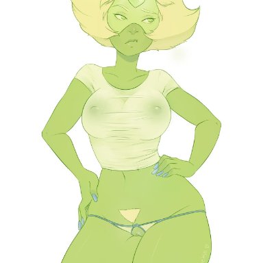 blonde hair, crotch cutout, female, goggles, green skin, hands on hips, kokobuttz, large breasts, lingerie, lips, looking to the side, peridot (steven universe), pubes, pussy, short hair