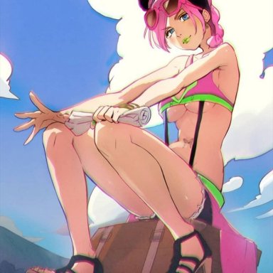 jean shorts, jojo's bizarre adventure, jolyne kujo, sekisei, sitting, stone ocean, suitcase, swimsuit, underboob