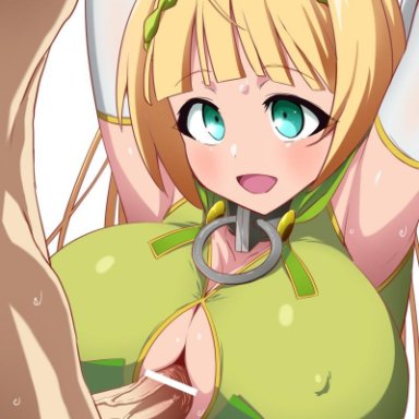 1boy, armpits, arms behind head, bangs, bar censor, blonde hair, blue eyes, blunt bangs, blush, breasts, censored, cleavage, cleavage cutout, collar, dress