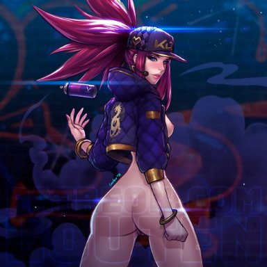 1girls, akali, alternate costume, areolae, ass, breasts, female, female only, jummy, k/da akali, k/da series, league of legends, looking at viewer, looking back, nipples