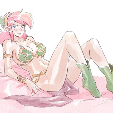 a link to the past, armlet, bimbo, blush, bracelet, brellom, cleavage, clothing, female, freckles, hourglass figure, hylian, link, nintendo, pink hair