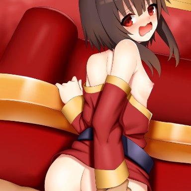 1boy, arm grab, ass, bar censor, bare shoulders, bent over, black hair, blush, breasts, censored, commentary request, couch, dress, eyebrows visible through hair, female