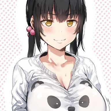 animal print, bangs, black hair, blush, breasts, bursting breasts, clavicle, cleavage, closed mouth, crossed arms, embarrassed, eyebrows visible through hair, female, female only, hair ornament