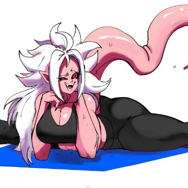 1girls, android 21, ass, cleavage, dragon ball, dragon ball fighterz, dragon ball z, embo, fangs, flexing, huge breasts, long hair, majin android 21, messy hair, pink skin