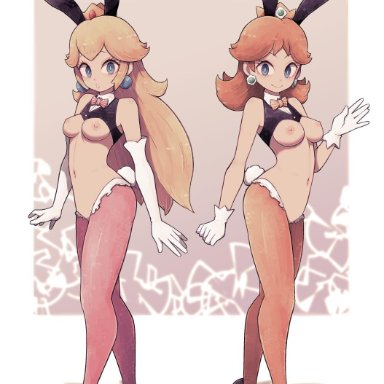 2girls, areolae, breasts, bunny ears, bunny girl, bunnysuit, female, female only, high heels, lamb-oic029, looking at viewer, nipples, princess daisy, princess peach, reverse bunnysuit