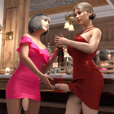 2futas, 3d, alcohol, big breasts, big penis, breasts, dickgirl, erection, futa only, futanari, large breasts, penis, sostene