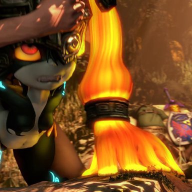 1boy, 1girls, 3d, akkoarcade, ambiguous penetration, animated, campfire, from behind, from behind position, gritted teeth, head grab, imp midna, link, midna, outdoors