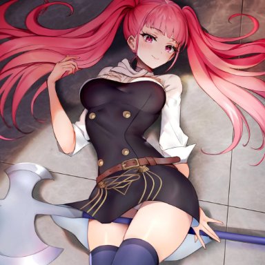 axe, big breasts, clothed female, ei1han, female, female only, fire, fire emblem, fire emblem: three houses, hilda (fire emblem), hilda valentine goneril, long hair, object between legs, panties, pantyshot