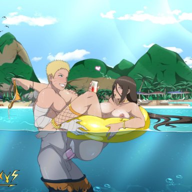 1boy, 2girls, after sex, alcohol, anklet, blonde hair, blue eyes, blush, boruto: naruto next generations, bracelet, breast, breast press, breasts, brother in law and sister in law, brown hair