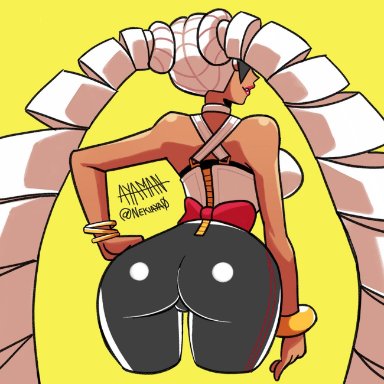1girls, arms (game), artist name, ass, back view, big ass, bow, bracelet, breasts, clothed, corset, dark skin, dark-skinned female, dat ass, drill hair