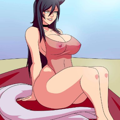 ahri, beach, black hair, breasts, cleavage, collar, dressed, female, female only, fox ears, fox girl, fox tail, huge ass, justonehuman, large breasts