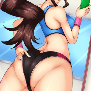 1girls, alternate breast size, ass, big breasts, breasts, brown hair, byakkun, eye contact, female, female only, half-closed eyes, hat, hilda (pokemon), holding, long hair