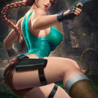 belt, booty shorts, brown eyes, brown hair, glasses, gun, lara croft, neoartcore, pistol, pose, shorts, tagme, tomb raider, white skin