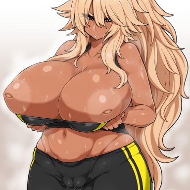 big breasts, blonde hair, kurokagami ryuuko, otogi tetsurou, sweat, sweatdrop, thick