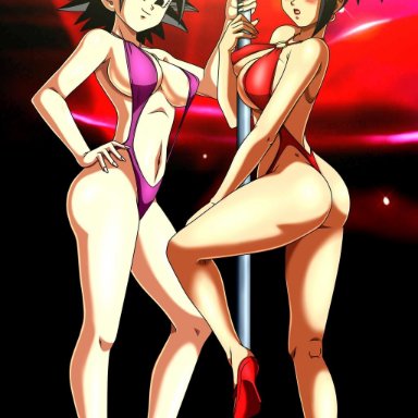 2girls, ass, bikini, caulifla, dragon ball, dragon ball super, foxybulma, kale, large breasts, looking at viewer, pole dancing, spiky hair