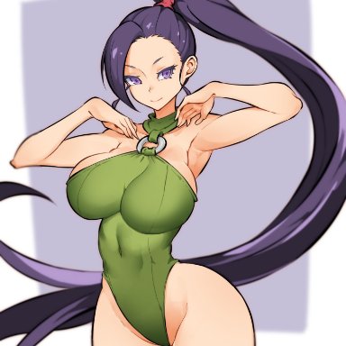 big breasts, clothed female, dragon quest, dragon quest xi, female, jade (dq11), long hair, nac000, ponytail, purple eyes, purple hair, smile, solo, solo female, solo focus