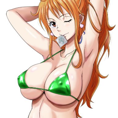 armpits, arms behind head, big breasts, brown eyes, female, female only, highres, long hair, minpei ichigo, nami, nipples, nipples visible through clothing, one piece, orange hair, ponytail