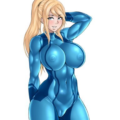 1girls, abs, areolae, big breasts, blonde hair, blue eyes, bodysuit, breasts, cameltoe, female, female only, large breasts, metroid, muscular female, nipples