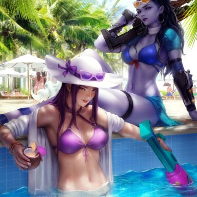 ahri, ashe (league of legends), ashe (overwatch), caitlyn, cote d'azur widowmaker, d.va, league of legends, officer caitlyn, overwatch, pool, pool party caitlyn, pool party series, summer, swimsuit, widowmaker