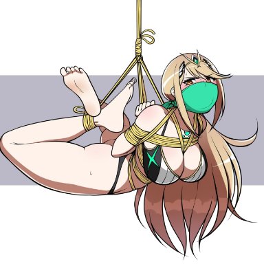 alternate costume, angry, arms behind back, ass, bondage, bound, eye contact, feet, gagged, hanging breasts, jam-orbital, long hair, looking at viewer, mythra, nintendo