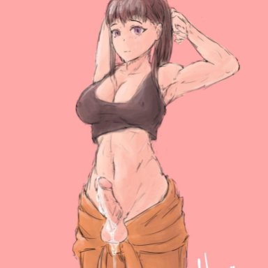 1futa, armpits, balls, big balls, big breasts, big penis, breasts, brown hair, cum, dickgirl, enen no shouboutai, fire force, futa only, futanari, huge cock