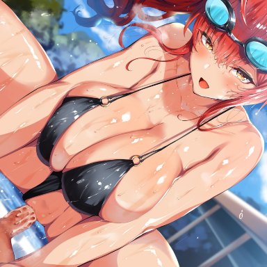 1boy, azur lane, bangs, bare shoulders, bikini, black bikini, blush, breast squeeze, breasts, cleavage, collarbone, creampie, female, goggles, goggles on head