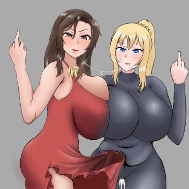 blonde hair, bodysuit, brown hair, curvy, dark skin, darkness (konosuba), dress, elbow gloves, erection under clothes, female, futanari, hanging breasts, kono subarashii sekai ni shukufuku wo!, large breasts, long hair