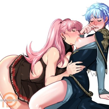 2girls, blue hair, breast sucking, closed eyes, clothed, female only, fire emblem, fire emblem: three houses, hilda (fire emblem), hilda valentine goneril, marianne (fire emblem), marianne von edmund, pink hair, sucking breasts, yuri