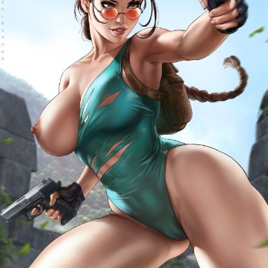 action pose, areolae, athletic, big breasts, breasts, breasts outside, brown eyes, brown hair, busty, curvaceous, curvy, dandon fuga, dual wielding, eyelashes, female