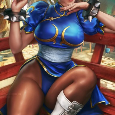 1girls, asian, big breasts, boots, brown eyes, brown hair, capcom, chinese clothes, chun-li, female, female only, hair bun, logan cure, long hair, mature female