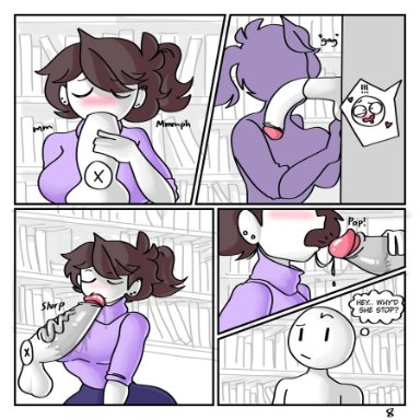 anon, anor3xia, big penis, blowjob, brown hair, comic, deepthroat, gagging, jaiden animations, library, purple sweater