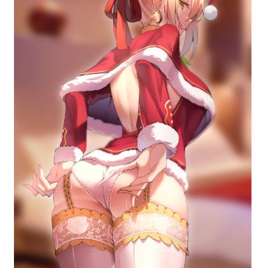 back cutout, big ass, blonde hair, christmas outfit, fate (series), fate/grand order, garter straps, green eyes, hair bun, hoop earrings, k pring, large breasts, looking at viewer, looking back, nero claudius (fate)