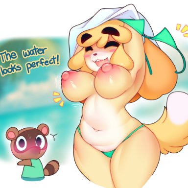 1boy, 1girl, animal crossing, anthro, beach, belly, big breasts, bikini, blush, bouncing breasts, breasts, canine, flashing, happy, isabelle (animal crossing)