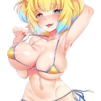 + +, 1girls, absurdres, adjusting clothes, adjusting swimsuit, aqua eyes, aqua hair, arm behind head, arm up, armpits, ass visible through thighs, bangs, bikini, blonde hair, blue hair