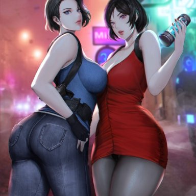 2girls, ada wong, asian, big breasts, black hair, breasts to breasts, brown hair, dress, female only, jeans, jill valentine, miaosij, resident evil, resident evil 2, resident evil 3