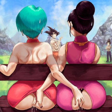 2girls, 3boys, ass, big ass, black hair, blue hair, bulma briefs, cheating, cheating wife, chichi, dragon ball, dragon ball z, dress lift, fingering, hair bun