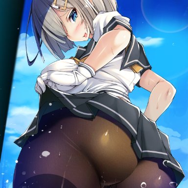 ass, black legwear, blue eyes, breasts, commentary request, female, gloves, hair ornament, hair over one eye, hairclip, hamakaze (kantai collection), highres, kantai collection, large breasts, lifted by self