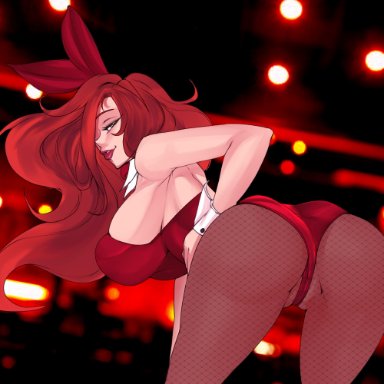 ass, bunny girl, bunnysuit, collar, cufflink, fishnets, league of legends, lipstick, long hair, miss fortune, red hair