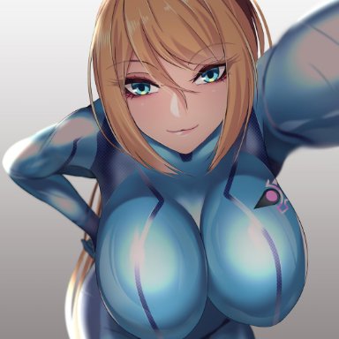 big breasts, blonde hair, blue eyes, bodysuit, female, female only, long hair, metroid, o voltz san, ponytail, samus aran, smile, solo, solo female, solo focus