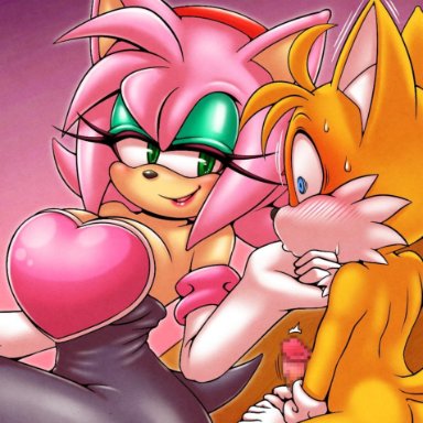 2 tails, 2020, alternate costume, amy rose, amy rose (rouge cosplay), anthro, anthro on anthro, ass, big breasts, black nose, blue eyes, blush, bodily fluids, breasts, canid