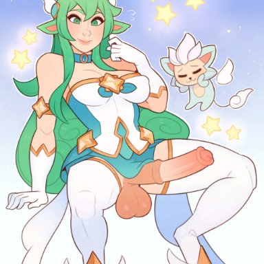 1futa, alternate costume, animal genitalia, balls, big balls, big breasts, big penis, blush, breasts, cleavage, dickgirl, erection, futanari, gloves, green hair